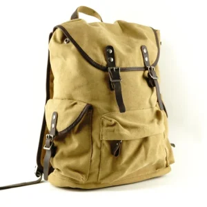 Ba lô vải canvas cỡ lớn có nắp đậy và viền da, nhiều ngăn bên trong, đựng vừa laptop 18 inch.