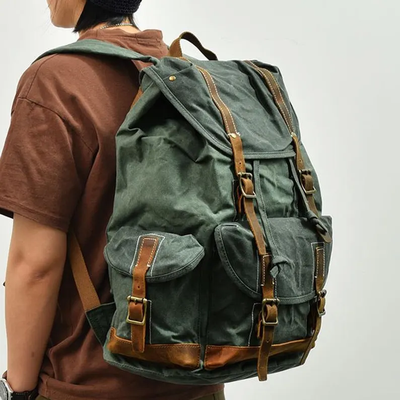 Balo vải canvas phủ sáp, balo thủ công, balo đi học, balo đựng laptop cho nam, balo du lịch cỡ lớn, quà tặng Giáng sinh, quà sinh nhật tặng bố