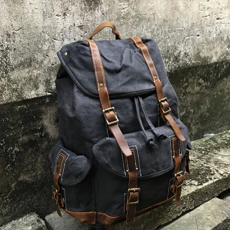 Balo vải canvas phủ sáp, balo thủ công, balo đi học, balo đựng laptop cho nam, balo du lịch cỡ lớn, quà tặng Giáng sinh, quà sinh nhật tặng bố